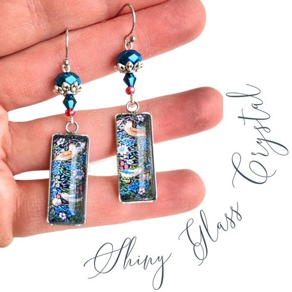 William Morris Bird Strawberry Thief Art Nouveau Blue Cabochon Handmade Earrings - Picture 4 of 8